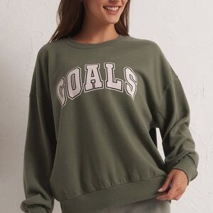 Z Supply NWT Olive Green 'GOALS' Oversized Crewneck Sweatshirt Size Medium